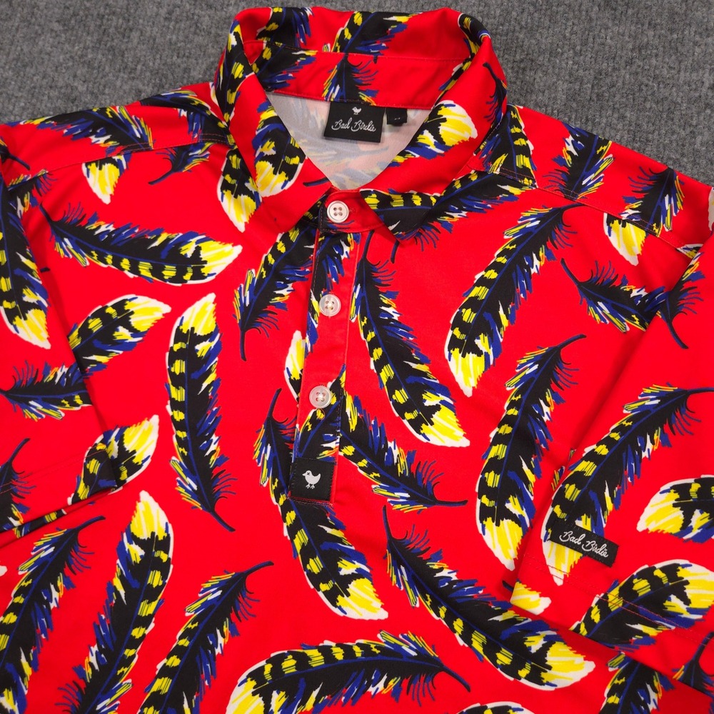 Bad Birdie Polo Shirt Mens Medium Red Lucky Feathers Print AOP Performance Golf